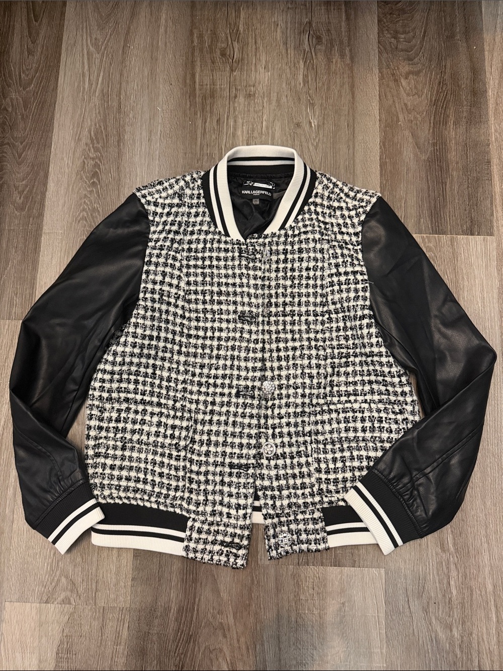 Karl Lagerfeld Black and White Tweed Varsity Bomber Jacket